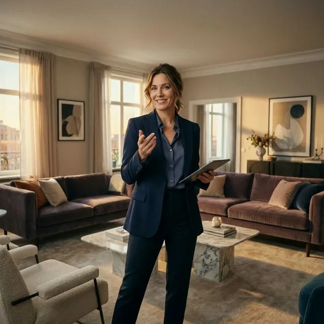 Corretora apresentando apartamento de luxo