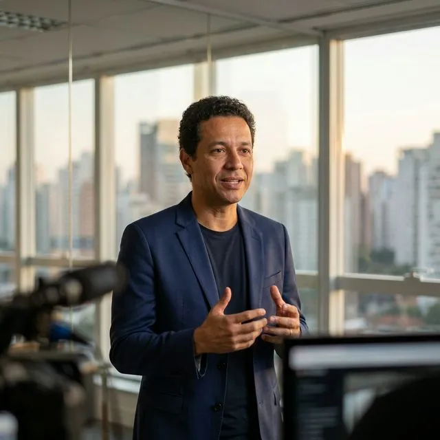 CEO gravando vídeo em escritório moderno