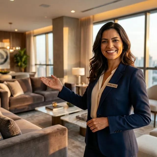 Corretora apresentando apartamento decorado