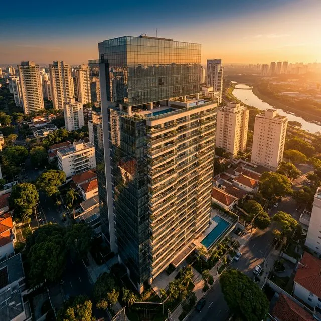 Edifício de luxo em São Paulo ao pôr do sol