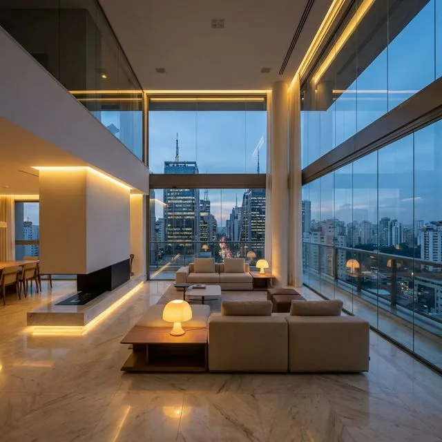 Interior de cobertura de luxo com vista panorâmica